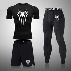 Men's Boxing Set Compression Shirt Sport Short Sleeves Rash Guard Running TShirts Quick Dry Athletic Fitness Three-piece Set