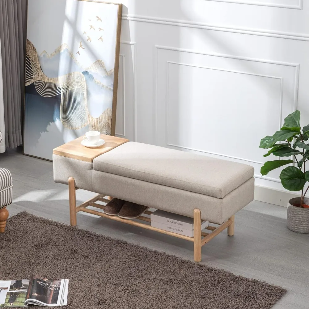 مقعد عثماني منجد من الكتان باللون البيج مع وسادة لغرفة النوم وغرفة المعيشة والمدخل