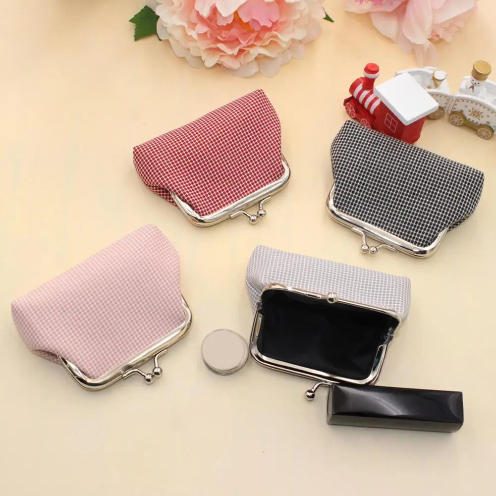 Retro Plaid Coin Purse Cotton Fabric Small Change Purse Mini Kiss Lock Pouch for Women Coins Cash Earrings Lipstick Storage