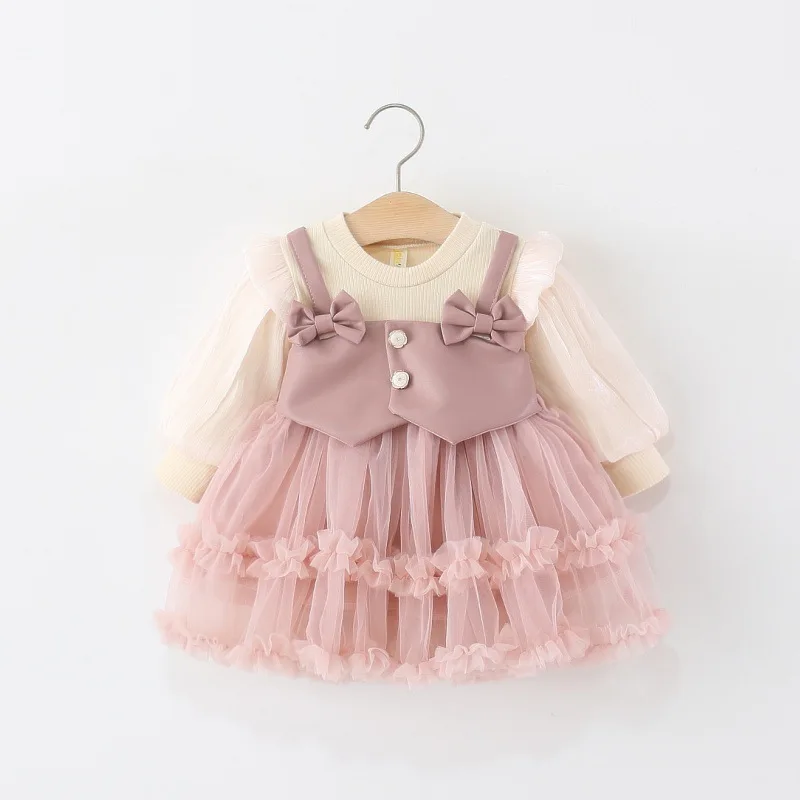 Children's clothing girls' dress spring and autumn baby baby girl PU leather fake two pieces fluffy yarn princess skirt foreign