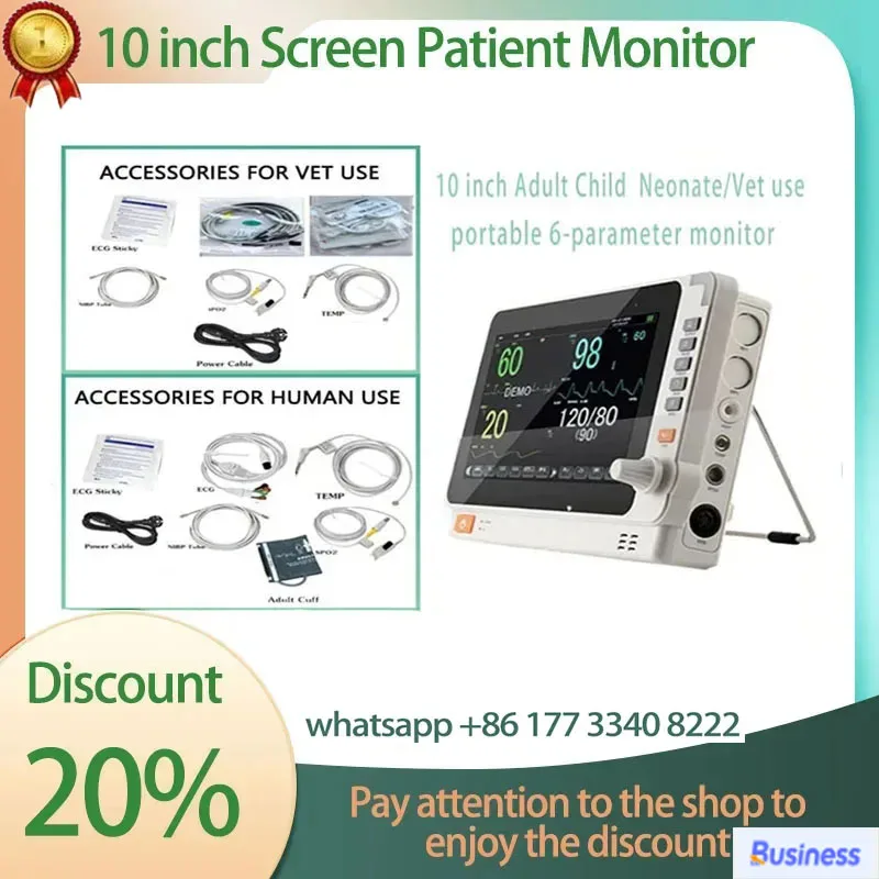 10 inch Adult Child  Neonate/Vet use portable 6-parameter monitor ECG/NIBP/PR/SPO2/RESP/TEMP patient monitor vital signs monitor