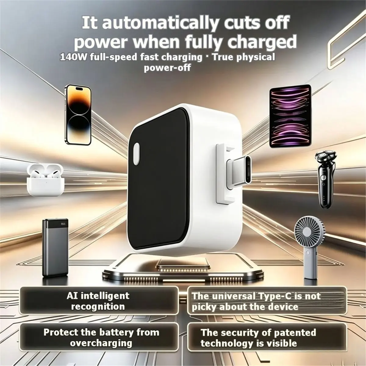 140W Auto Disconnect Full Charge Splitter Type-C Charging Separator Digital Display PD Fast Charging Adapter