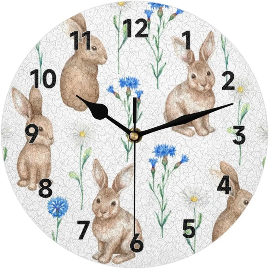 Easter Rabbit Floral Decorative Round Wall Clock 9.84 Inch Animal Flower Modern Wall Clocks Battery Operated for Kitchen Living