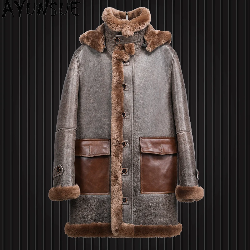 AYUNSUE Naturalny Płaszcz z Futra Męski Luksusowy 2025 Z Kapturem Zimowy Średniej Długości Kurtki ze Skóry Naturalnej Owczej Męskie Super Ciepłe Płaszcze z Futra