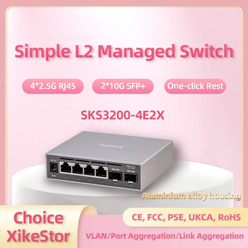 xikestor New Simple L2 2.5G Managed Switch 4 Ports 2.5G RJ45 & 2 Ports 10G SFP+ Ethernet Switch Support VLAN/ Port Aggregation