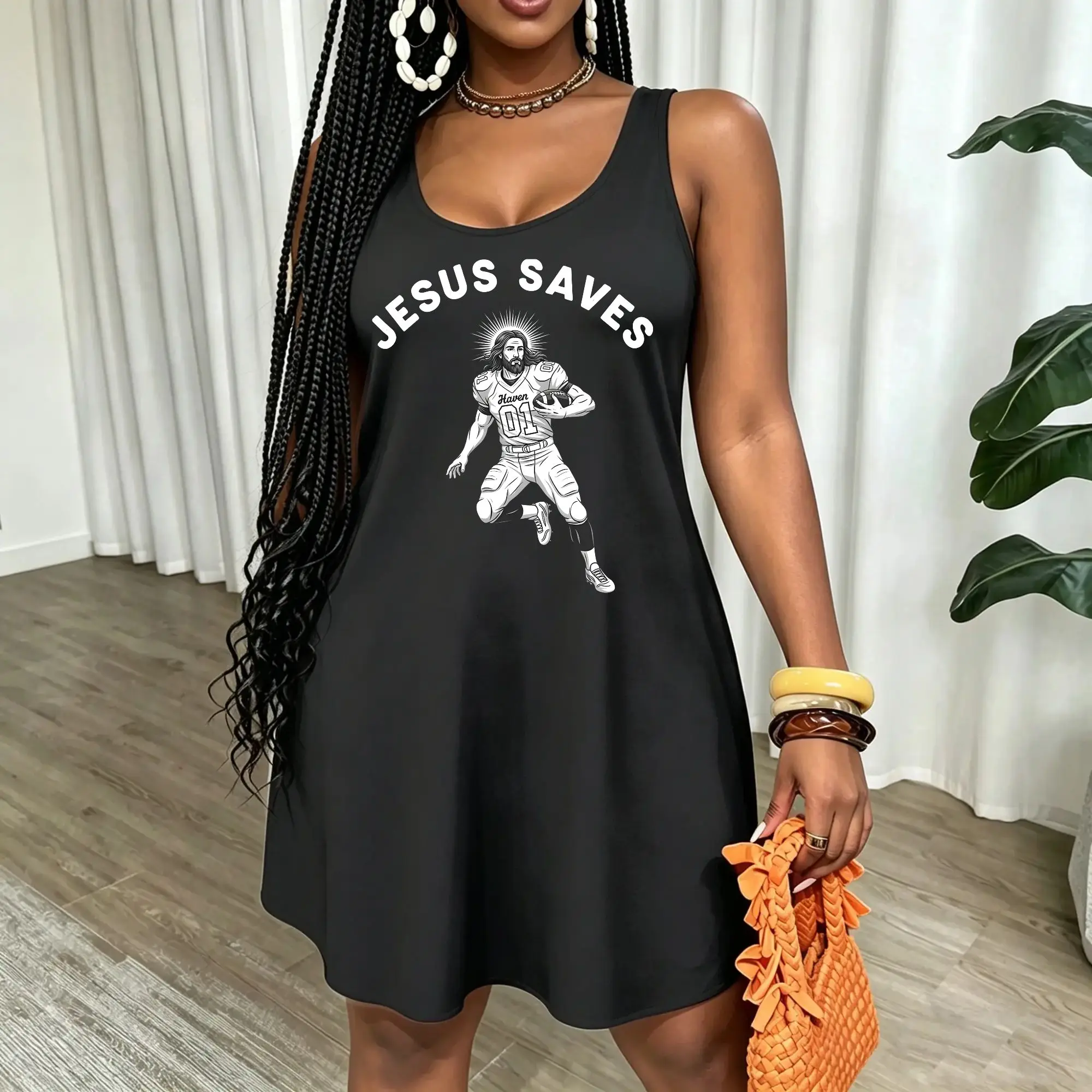 Women Plus Size Summer Dresses For Jesus Saves Football Graphic Printed Crew Neck Sleeveless Sundresses Loose Fit Spring/Summer Tank Dresses
