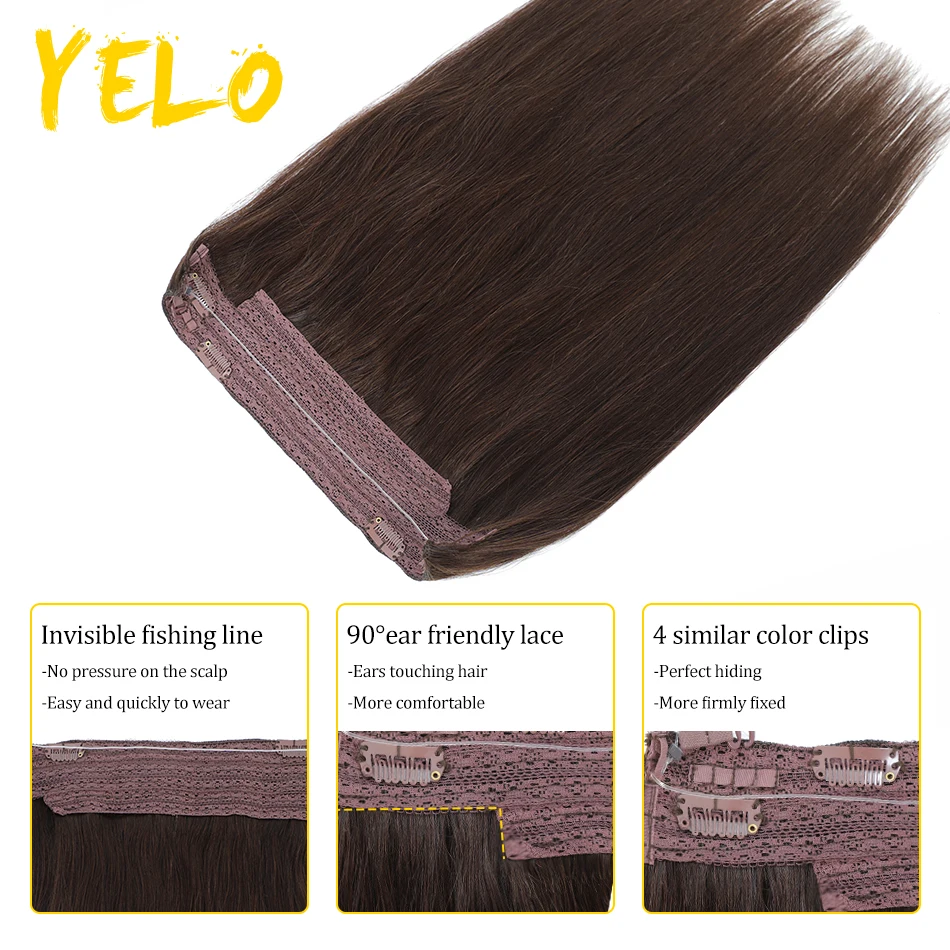 Yelo-Real Natural Invisible Clip-In Extensão Do Cabelo, Fio De Peixe, Hairpieces Naturais, Cabelo Fino, Adicionar Volume, Peixe, 14-28, Linha, 4 Clipes