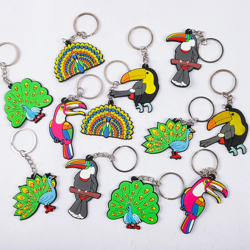 12Pcs Hawaii Peacock Toucan Bird PVC Keychains for Kids Birthday Party Favors Summer Tropical Party Pinata Decorations