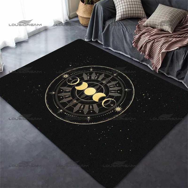 Square Flannel Moon Phase Carpet Three Sun Moon Skull Decorative Floor Mats Modern Home Living Room Rugs Bedroom Carpet