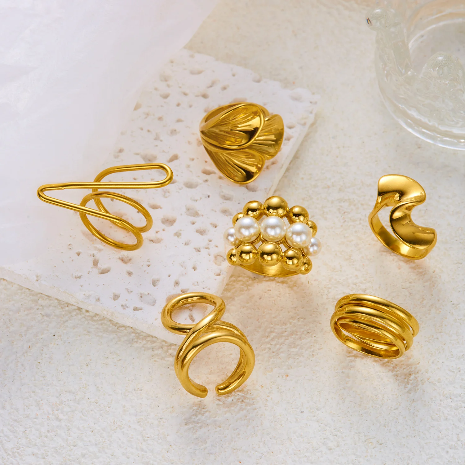 Stainless Steel Irregular Wave Rings For Women Creative Gold Color Petal Twist Cross Finger Ring Punk Hip Hop Party Jewelry Gift