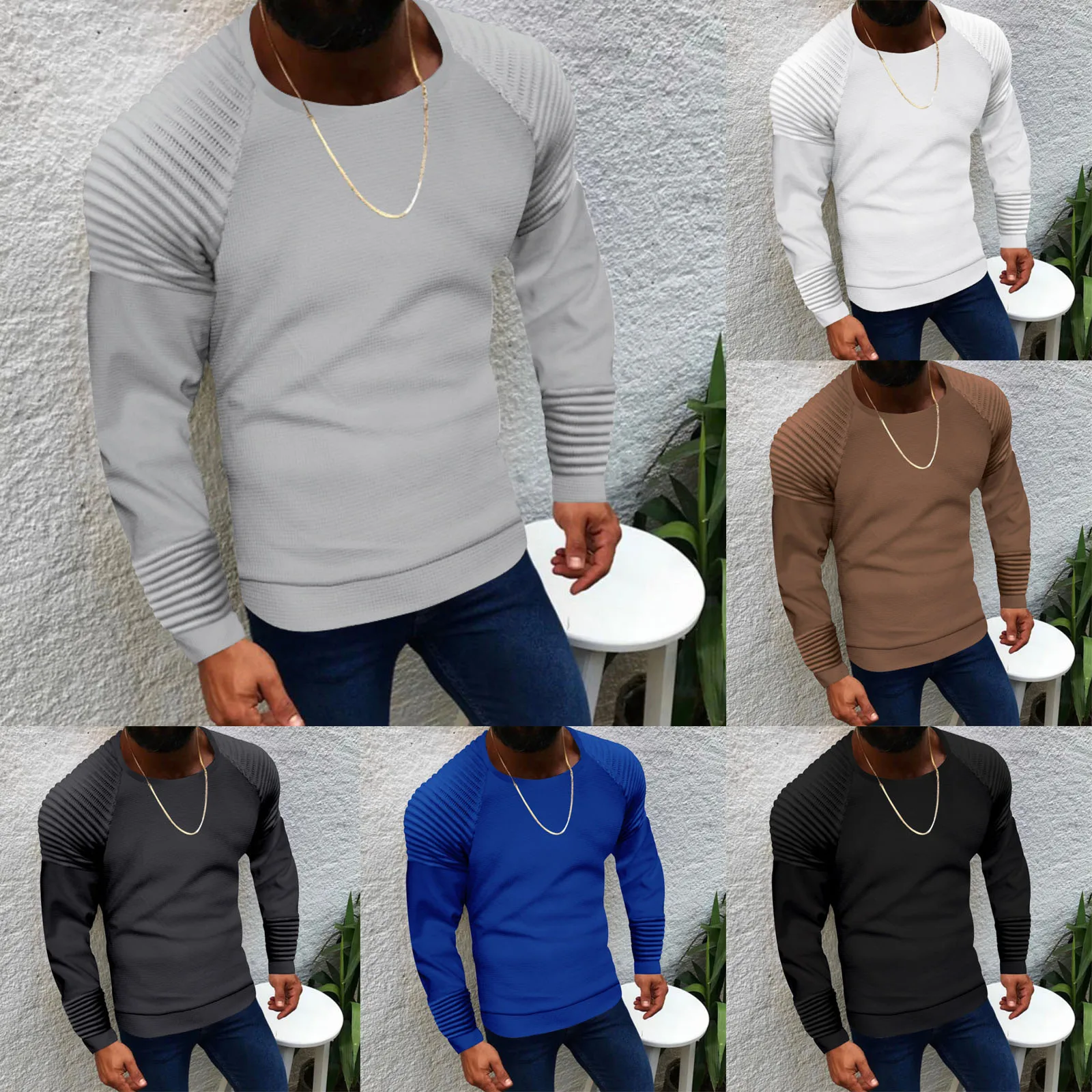 Male Casual Raglan Sleeve Solid Sweatshirt Blouse Fold Long Sleeve Round Neck Tops T Shirt Hiking Retro Streetwear