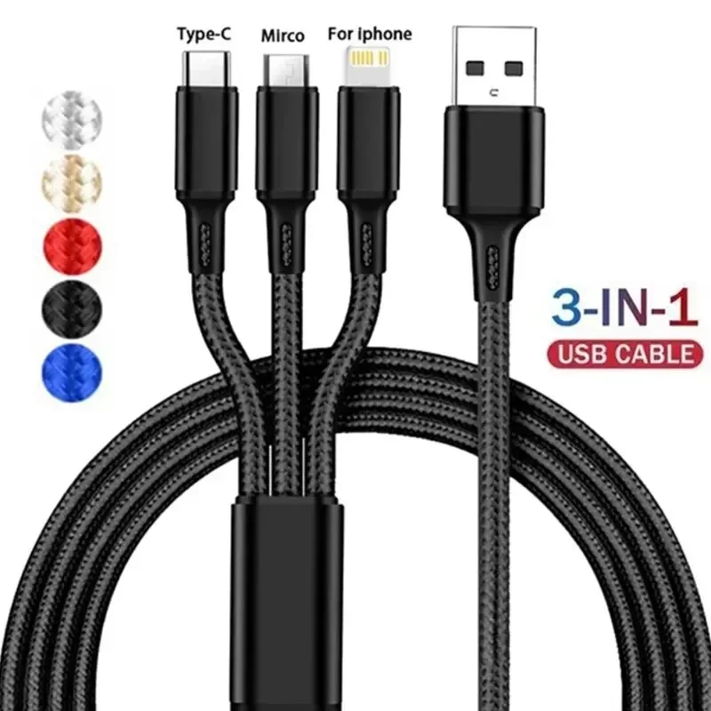 

3-in-1 1.2m/2m Super Fast Charging Data Cable Nylon Braided Rope Mobile Phone Charger Accessories for iPhone Samsung Huawei