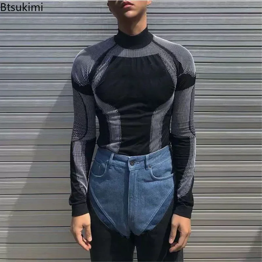New 2026 Fashion Men\'s Long Sleeve Tight Tee Streetwear Basic Tops Clothes Man Stand Collar Slim Patchwork Pullover Clothes Male