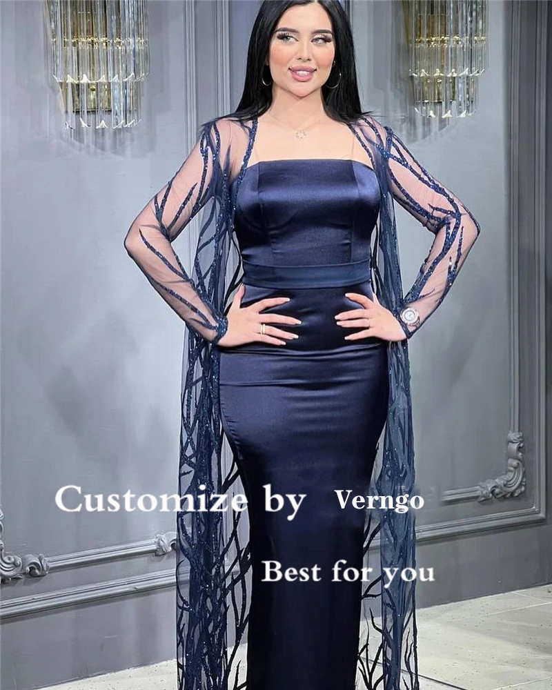 

Verngo Dubai Arabic Women Plus Size Evening Dresses With Glitter Jacket Long Sleeves Strapless Prom Gowns Formal Occasion Dress