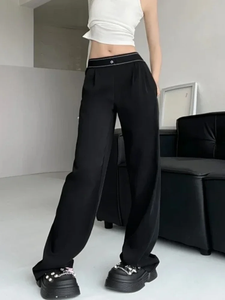 ハイウエストストレートパンツ女性アメリカンスタイルストリートウェア黒ワイドレッグパンツ女性レジャールーズ弾性ウエストパンツ