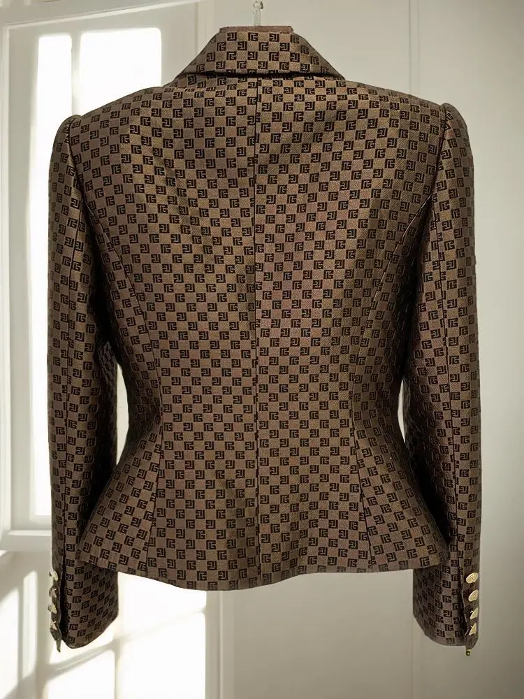 New Designer Brown Jacket Black Women Double Breasted Slim Fit Monogram Jacquard Office Business Wear Blazer Outfit High Quality