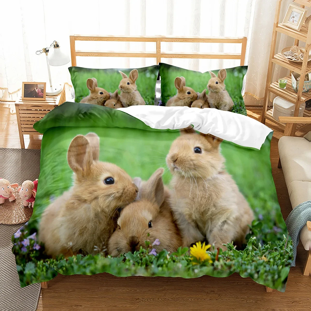 Rabbit Duvet Cover Twin Queen Green Grass Comforter Cover Lovely Pet Animal Bunny Bedding Set Wild Safari Theme Bedroom Decor