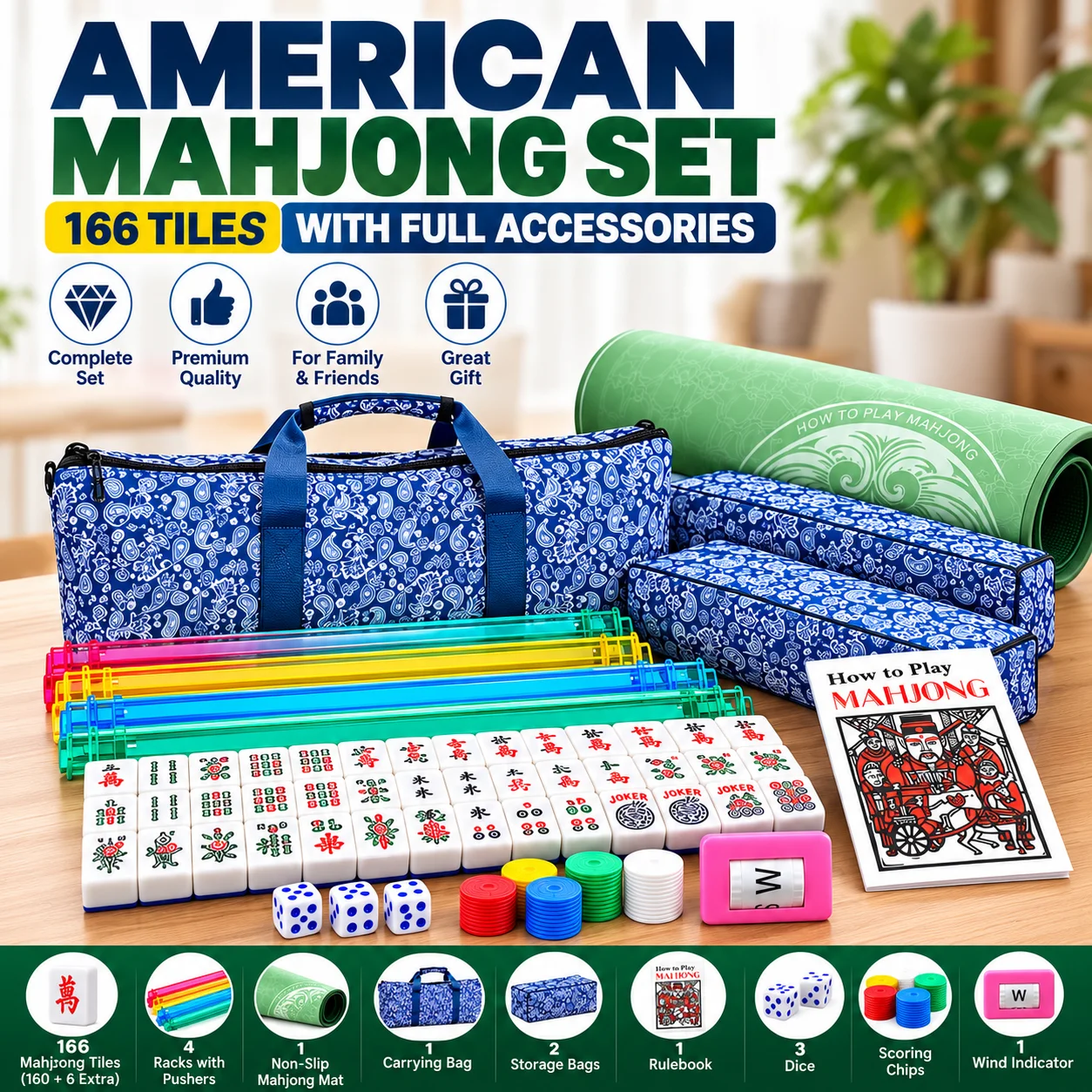 American Mahjong Set with 166 White Melamine Tiles 4 Racks with Pushers Rubber Playing Mat Blue Carrying Bag Dice Scoring Chips and Instruction Manual for Adults Family Gatherings Traditional American Mahjong Tabletop Play at Home or While Traveling