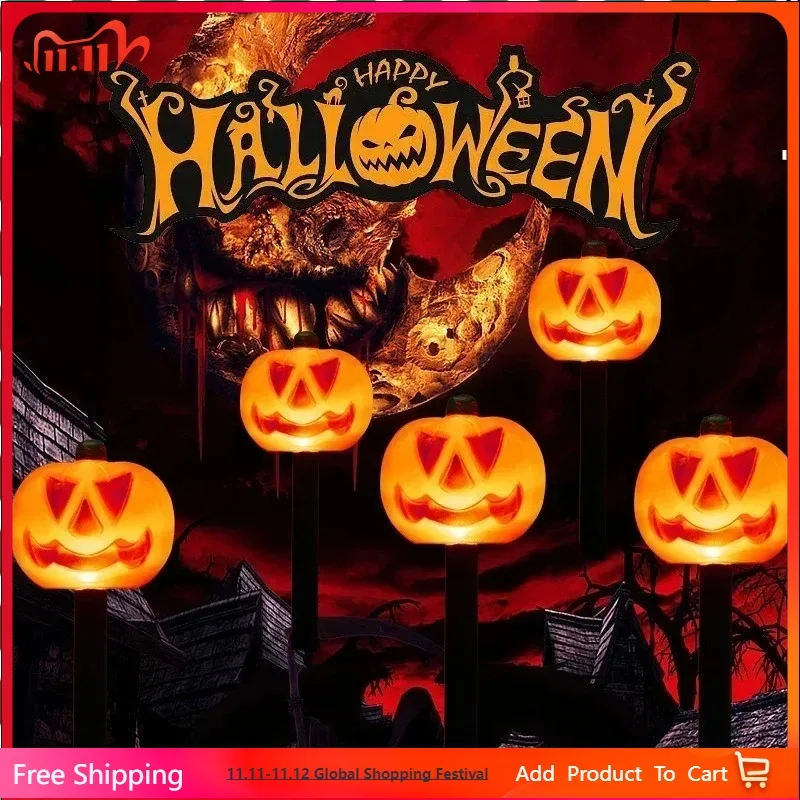 

Solar Halloween Pumpkin Pathway Light Decorations LED Halloween Pumpkin Stake Lights Set of 5 Lighted Outdoor Pumpkin Lawn Lamp