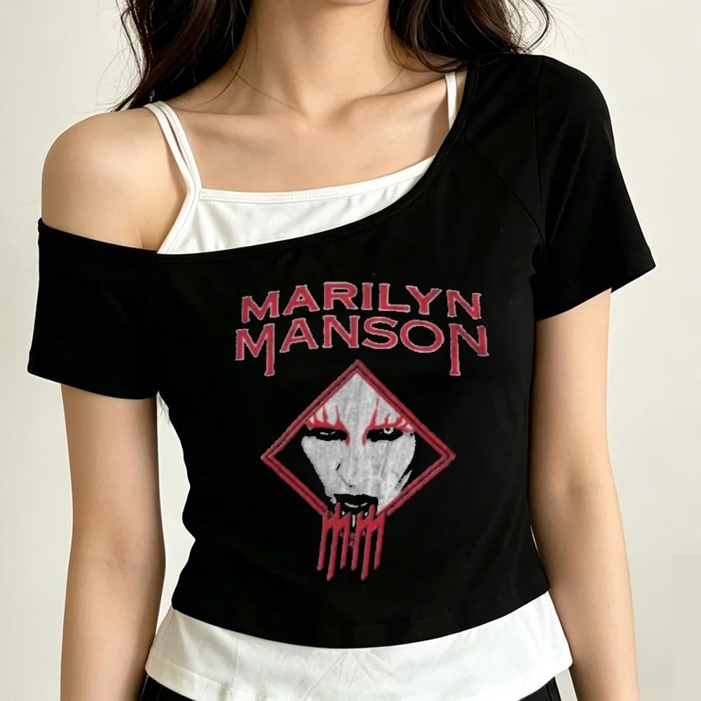 Marilyn Manson cropped top ladies grunge manga cheap cutecore graphic tshirt jojifuku clearance sales baddie 2000s meme