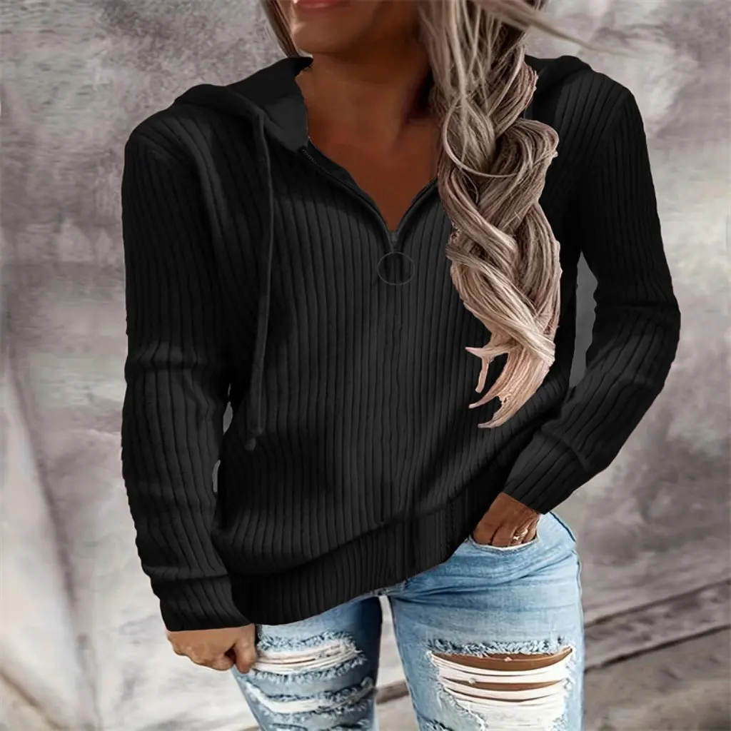 

Women's Autumn Winter Solid Color Casual Sweater Loose Zipper Half Cardigan Long Sleeve Hooded Pullover Fashion Top