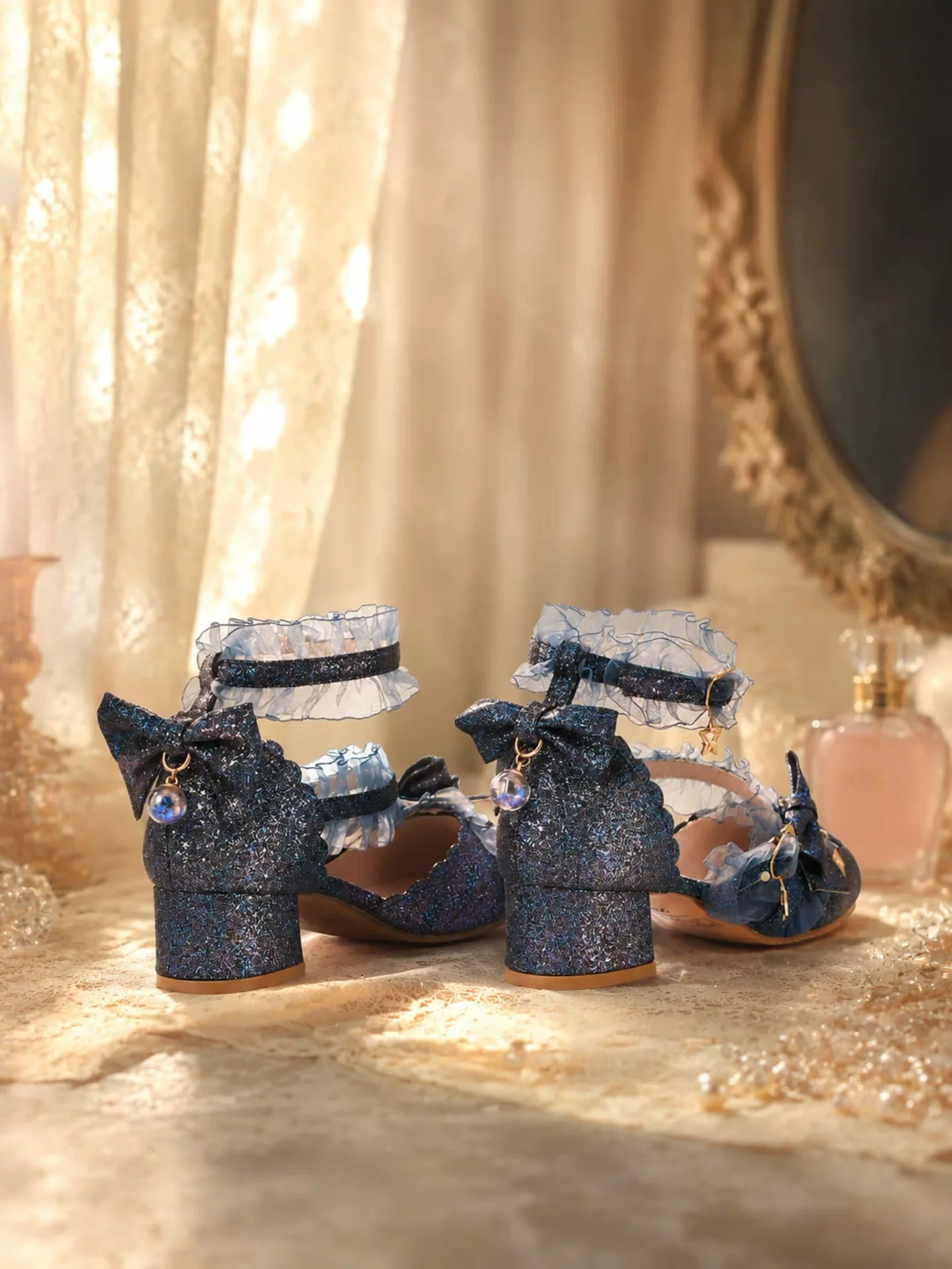 New Women Glitter Lolita Block Heel Sandals Ruffle Lace Bow Star Charm Ankle Strap Round Toe Sweet Cosplay Party Slinge Shoes - view 4