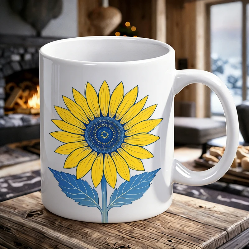 Independence Day Mug Coffee Cup Ceramic Cup Sunflower Bloom on Cream Background