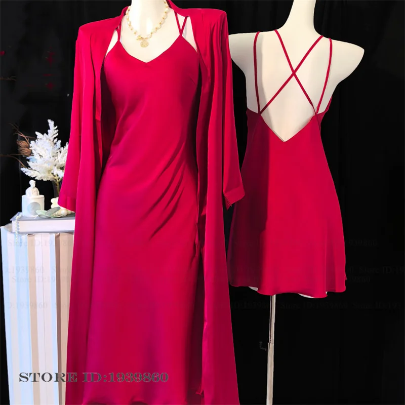

Sexy Ice Silk Women Twinset Robe Set Nightgown Elegant Long Kimono Bathrobe Gown Backless Nightdress Summer Sleepwear Home Dress