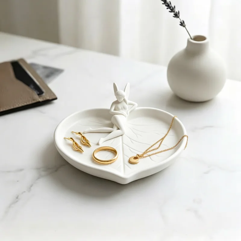 Cute Fairy Jewelry Tray Decorative Trinket Dish Heart Leaf Vanity Ring Holder Organizer Fairy Garden Miniatures Figurines Nordic