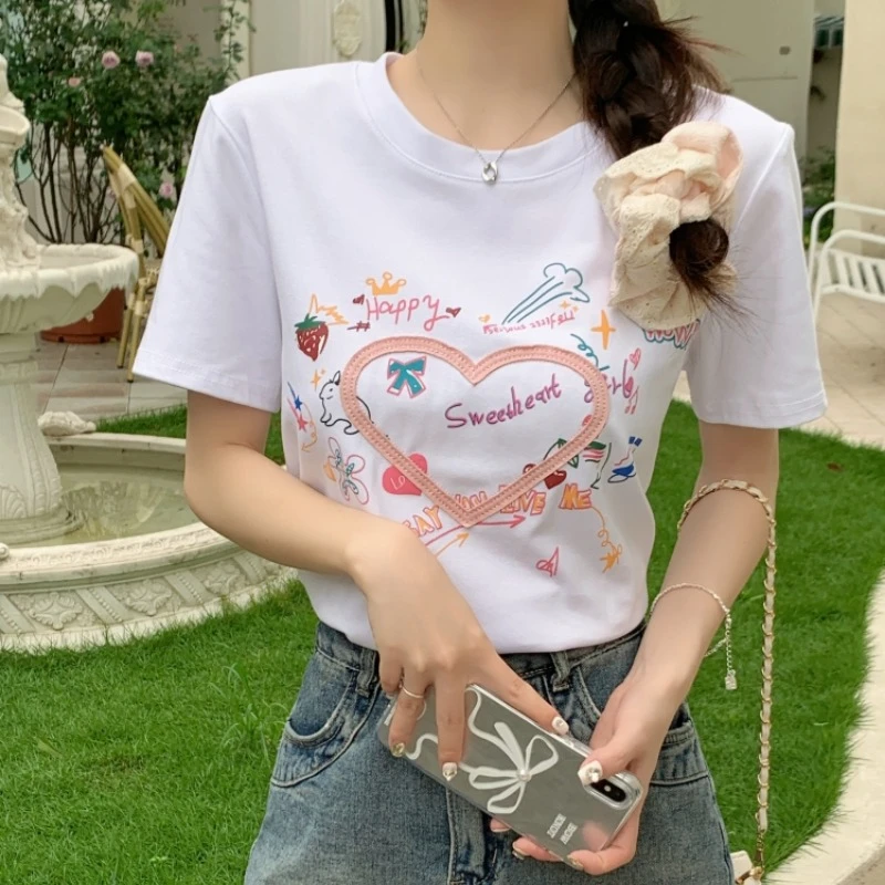 2024 Summer New Short-sleeved T-shirt Women Korean Graffiti Embroidery Versatile Y2k Tops Sweet Casual Tees Female