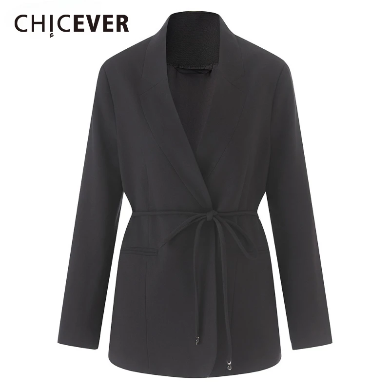 CHICEVER Black Spliced Lace Up Jacket Female Lapel Long Sleeve High Waist Commuting Temperament Women's Jackets Summer New Style