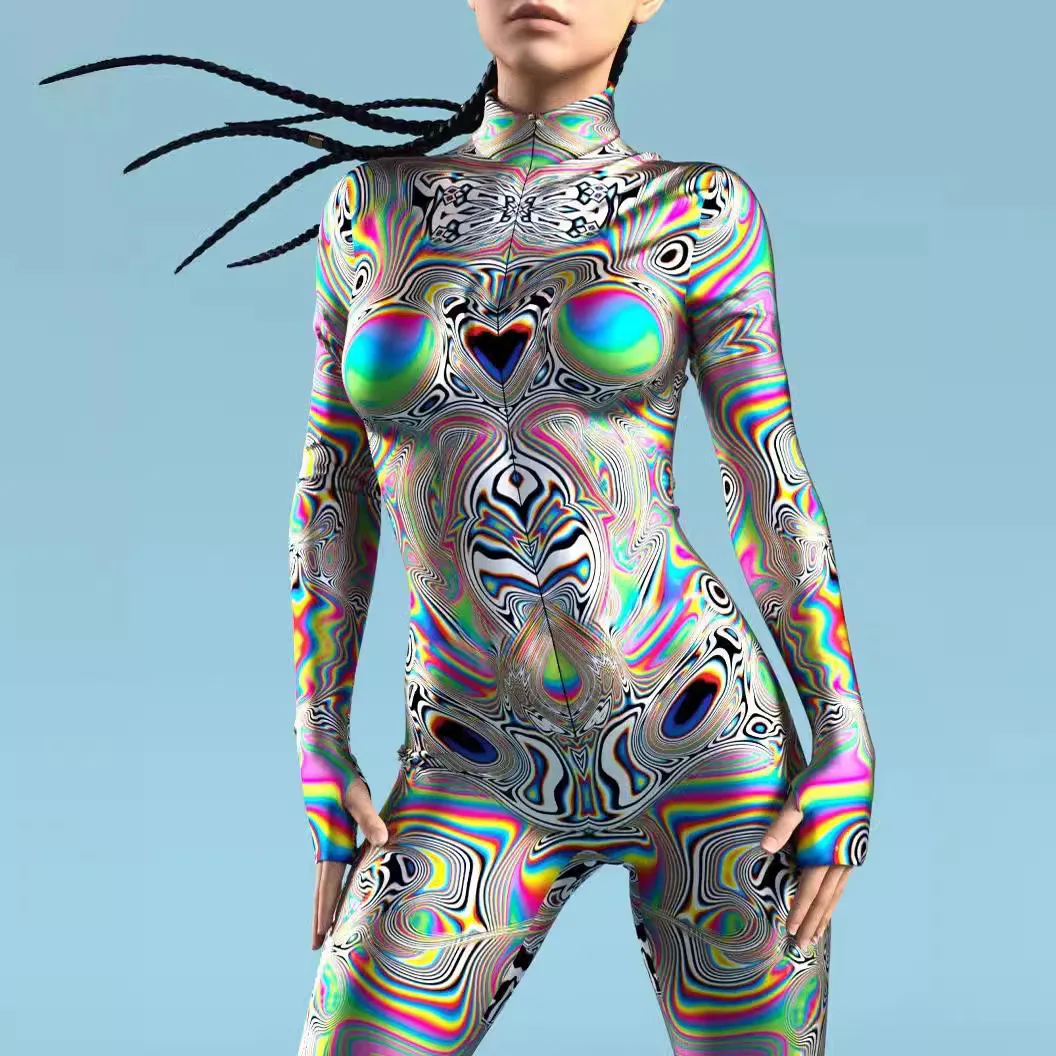 

Women Rainbow Sexy Skinny Jumpsuit Multicolour Printing Holiday Party Wear Onesie Cosplay Costume Elastic Bodysuits Rompers