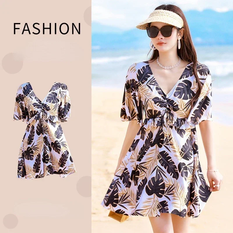 Traje de baño Sexy de una pieza para mujer, vestido de Bikini, minifalda, traje de baño de moda para mujer, vestido de manga corta, traje de baño de playa de cintura alta