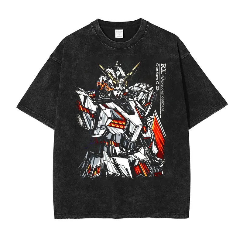 Gundam Mobile Suit 2026 Neues heißes BANDAI Comic Gundam bedrucktes Retro-Baumwoll-gewaschenes Rundhals-loses Kurzarm-T-Shirt-T-Shirt