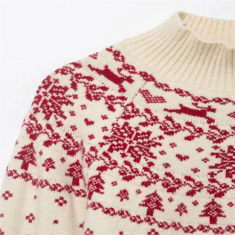 Weihnachts-Rentier-Schneeflockenpullover für Damen – Strickpullover mit Stehkragen, festlicher Strickpullover in Rot und Creme für den Urlaub