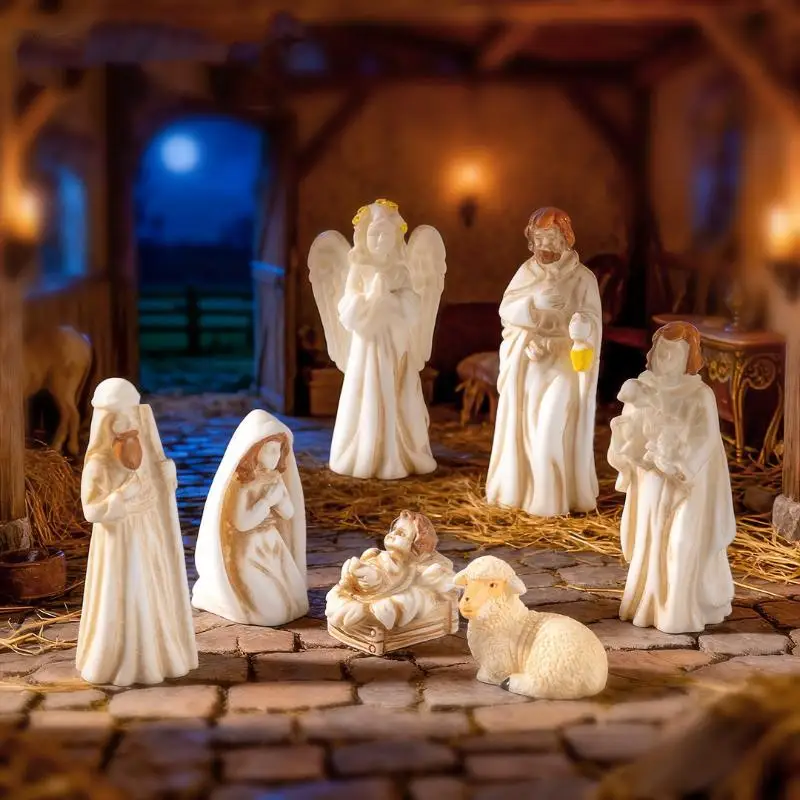 7Pcs Nativity Scene Figurines Set Religious Tabletop Decor Small Size Ornaments for Home Shelf Mantel Decor