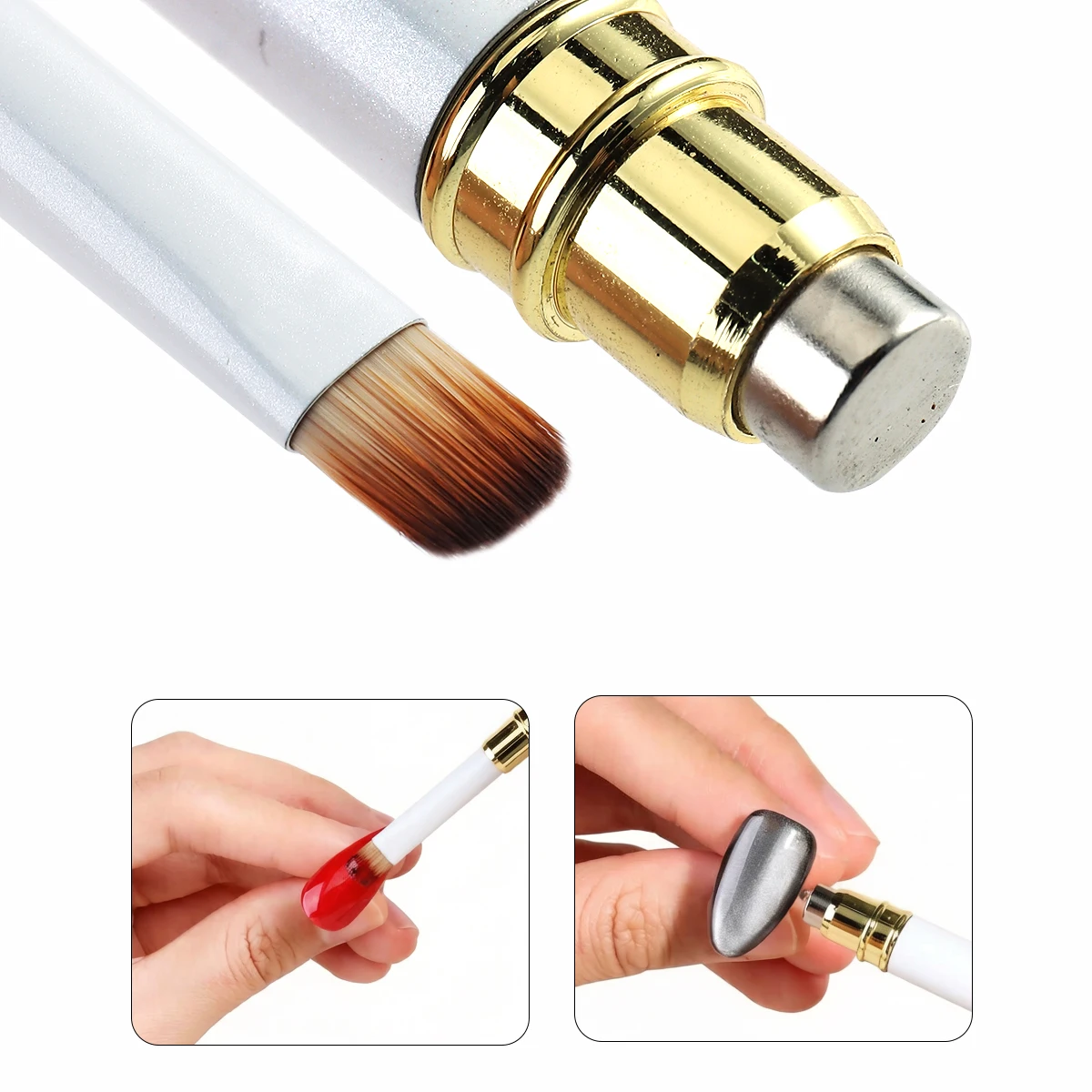 2-in-1 Nail Art Pen – Magnetic Cat Eye + Glue Brush for All Nail Decor! Easy to Use for Beginners & Pro (White)