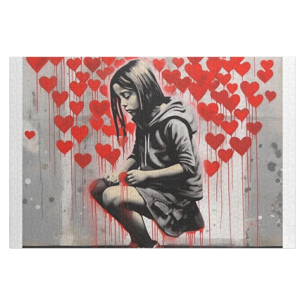 bansky girl love heart street Jigsaw Puzzle Personalized Gifts Custom Name Wood Adult Wooden Jigsaw Custom Puzzle