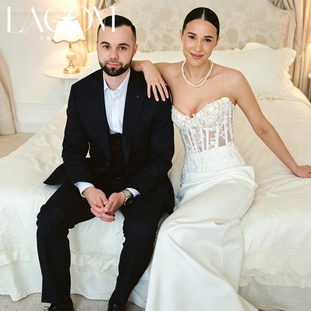 Lagom Elegant Sweetheart Satin Mermaid Floor-Length Sleeveless New Wedding Dress Lace Bodice Corset Vestidos De Novia Customized