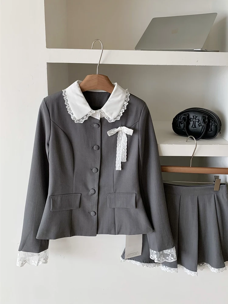 Fall Winter Women Korean Shoujo College Style Preppy Mori Girl Old Money Outfits 2 Piece Set Tunic Coats + Mini Pleated Skirts