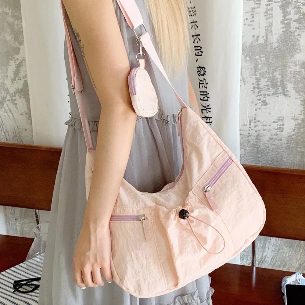 

Сумка для пельменей через плечо в корейском стиле, большая вместимость с мешочком для монет, плиссированная сумка на шнурке, универсальная дорожная нейлоновая сумка на плечо