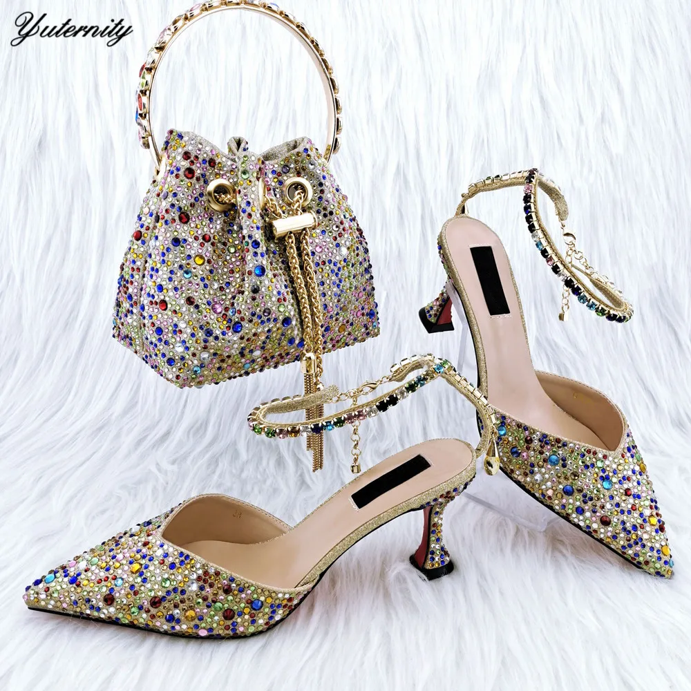 

Летний новый комплект обуви и сумки хорошего качества, женская обувь и сумка на высоком каблуке с африканскими стразами, подходящий комплект для свадебной вечеринки