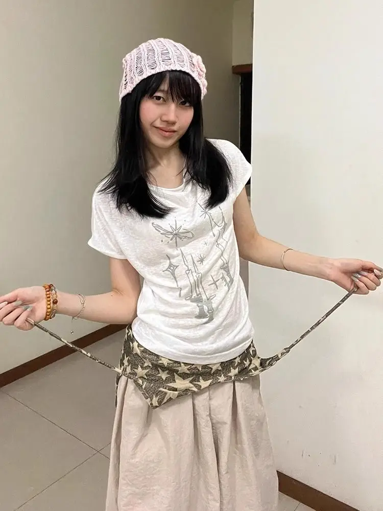 Kimotimo Fashion Print White Short Sleeve T-shirt Women Swing Collar Sheer Slim Versatile Tops Summer Simple Y2k Aesthetic Tees