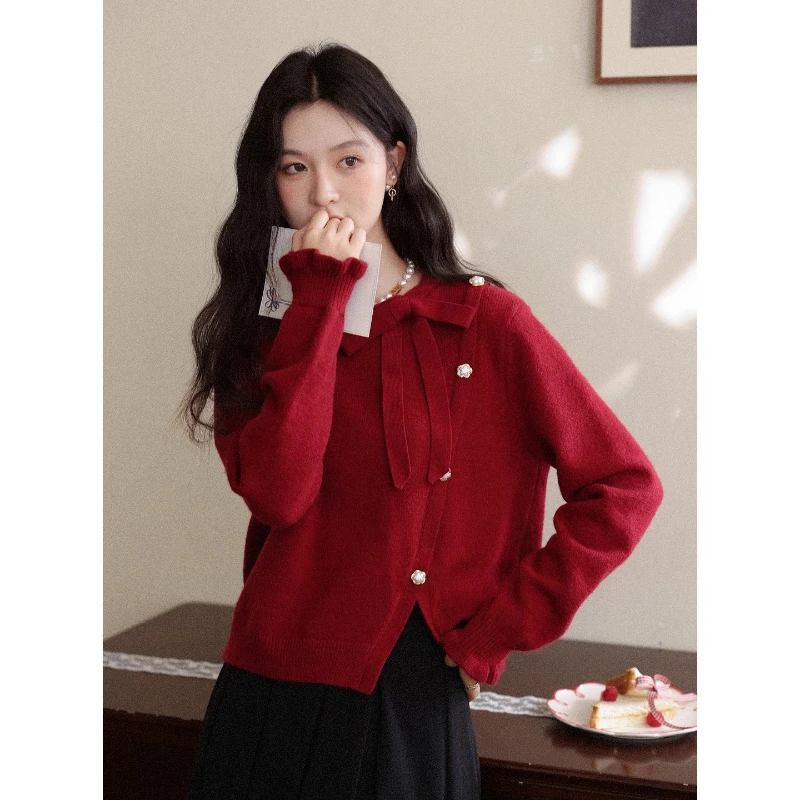 

ALXNAN Women's French Pullover Wine Red Vintage Asymmetric Split Hem Large Bow Sweater Pearl Buttons Soft Ladies Knitwear L58831