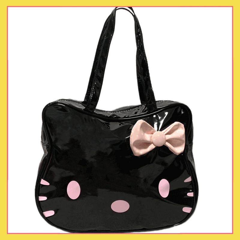 

Travel Organizer Hello Kitty Handbags Y2k Bag 12.4inch*9.06inch Cartoon Print Tote Bag PU Glossy Black Tote Water Proof Gifts