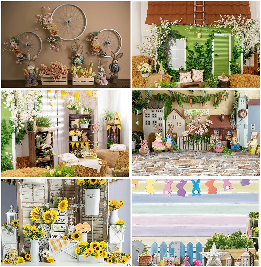 Interior Backdrops Photographic Rabbit Toys Easter Haystack Green Vine Spring Sunflowers Newborn Carrot Basket Backgrounds Decor