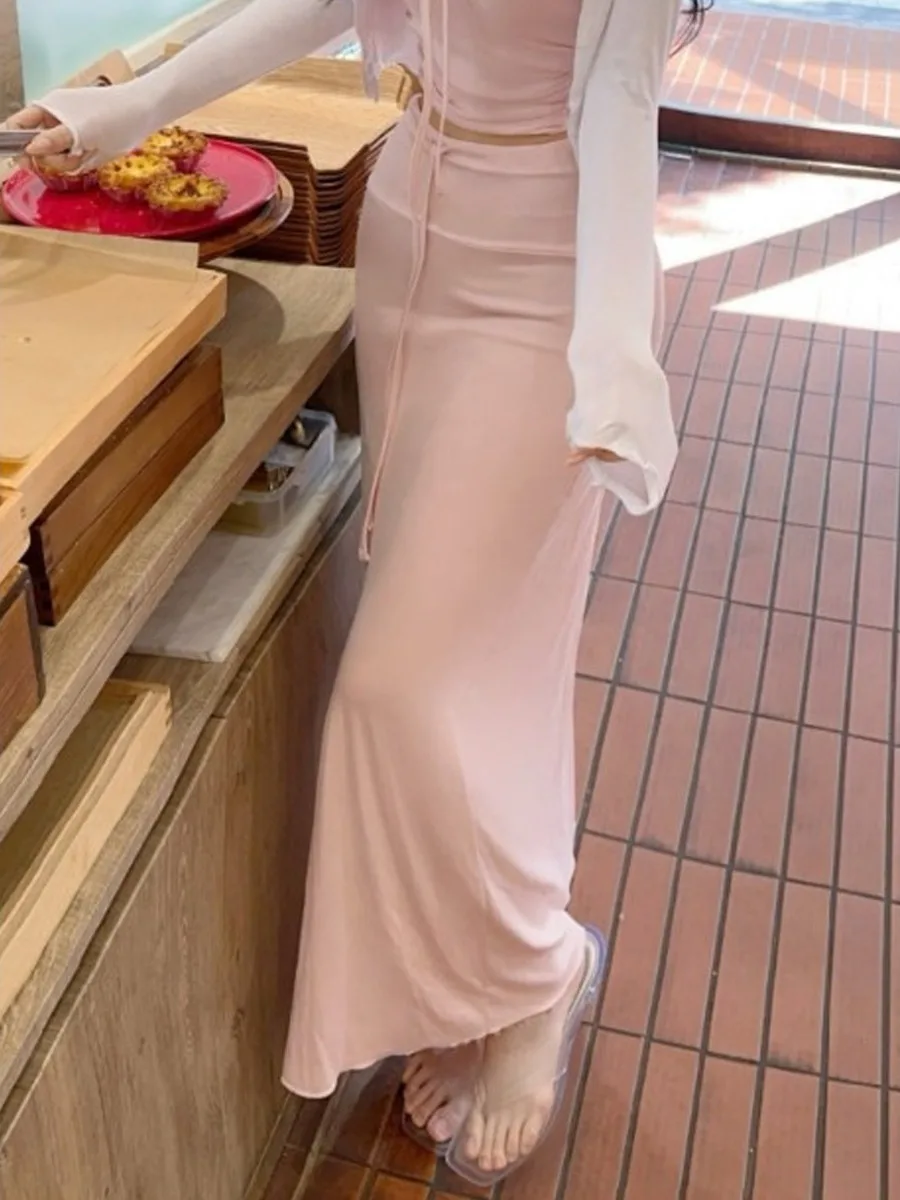 Sexy High Waist Drawstring Slim Fit Long Skirt Bodycon Floor Length Draping Skirt Dongdaemun New Arrival Women's Fashion