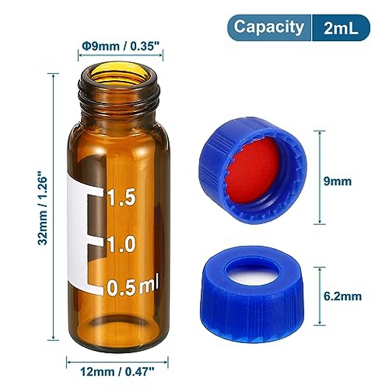 100 Pack 2Ml Autosampler Vial  HPLC/GC Vials 9-425 Lab Amber Vials Sample Vial Screw Cap Writing Patch Brown