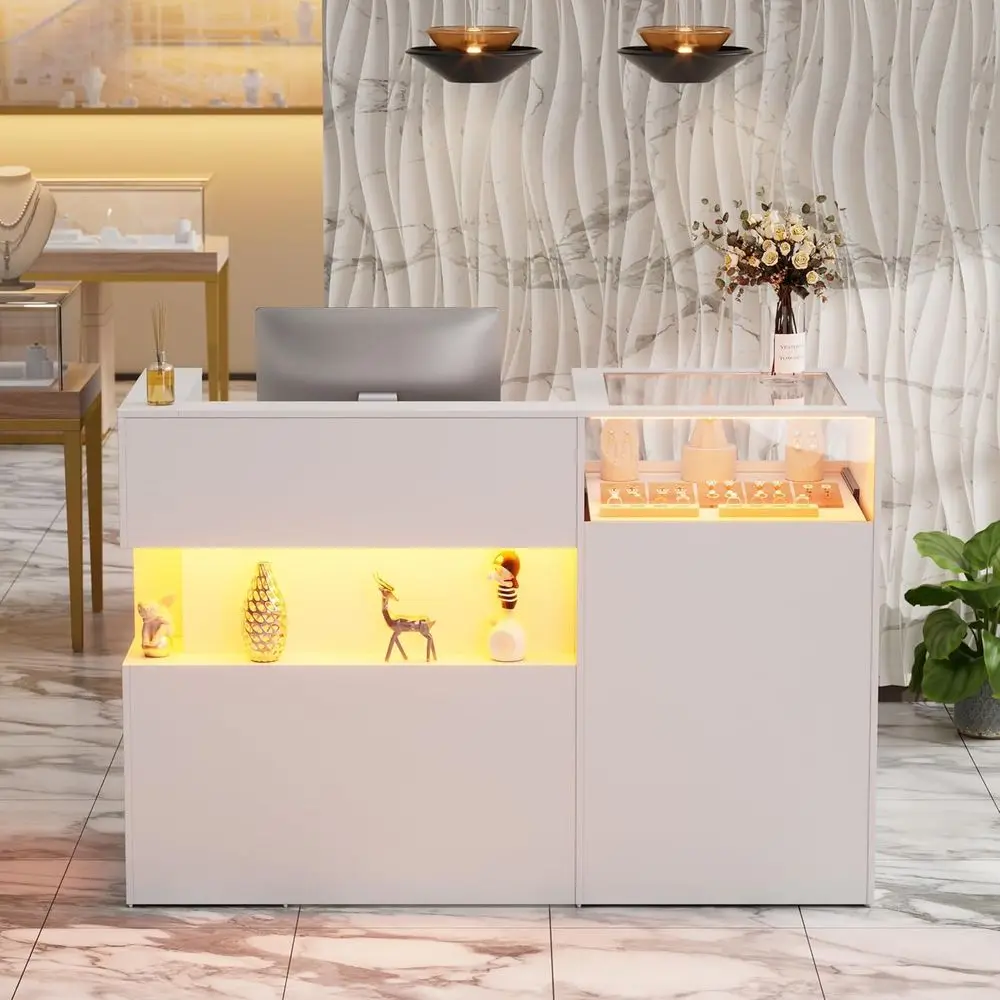 

59 LED-lit Glass Display Retail Counter with Drawers for Lobby Checkout, White