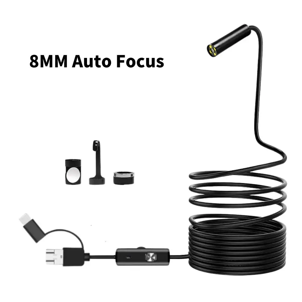 8MM 5MP USB Auto Focus Endoscope Camera IP68 Waterproof Car Repair Drain Sewer Inspection Borescope for Android Phone PC